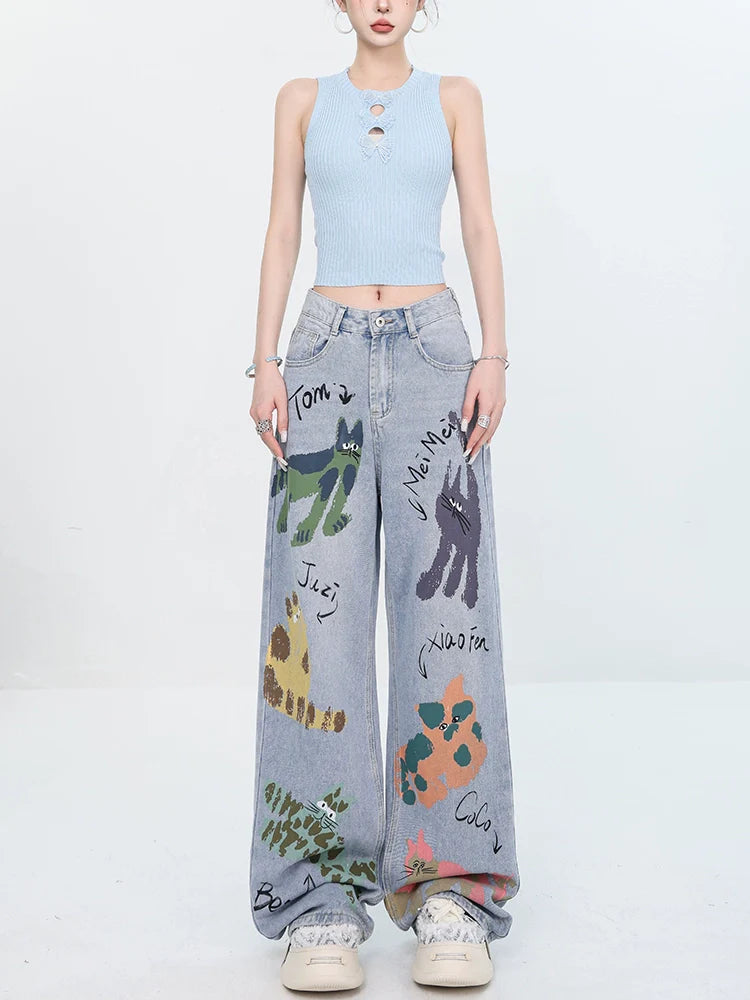 ABWEAR Whimsical Critter Doodle Wide-Leg Jeans sneakershuborg