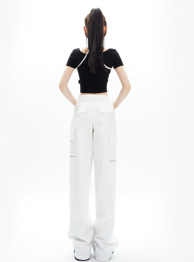 Wide-Leg Cargo Pants with Collar Waistband sneakershuborg