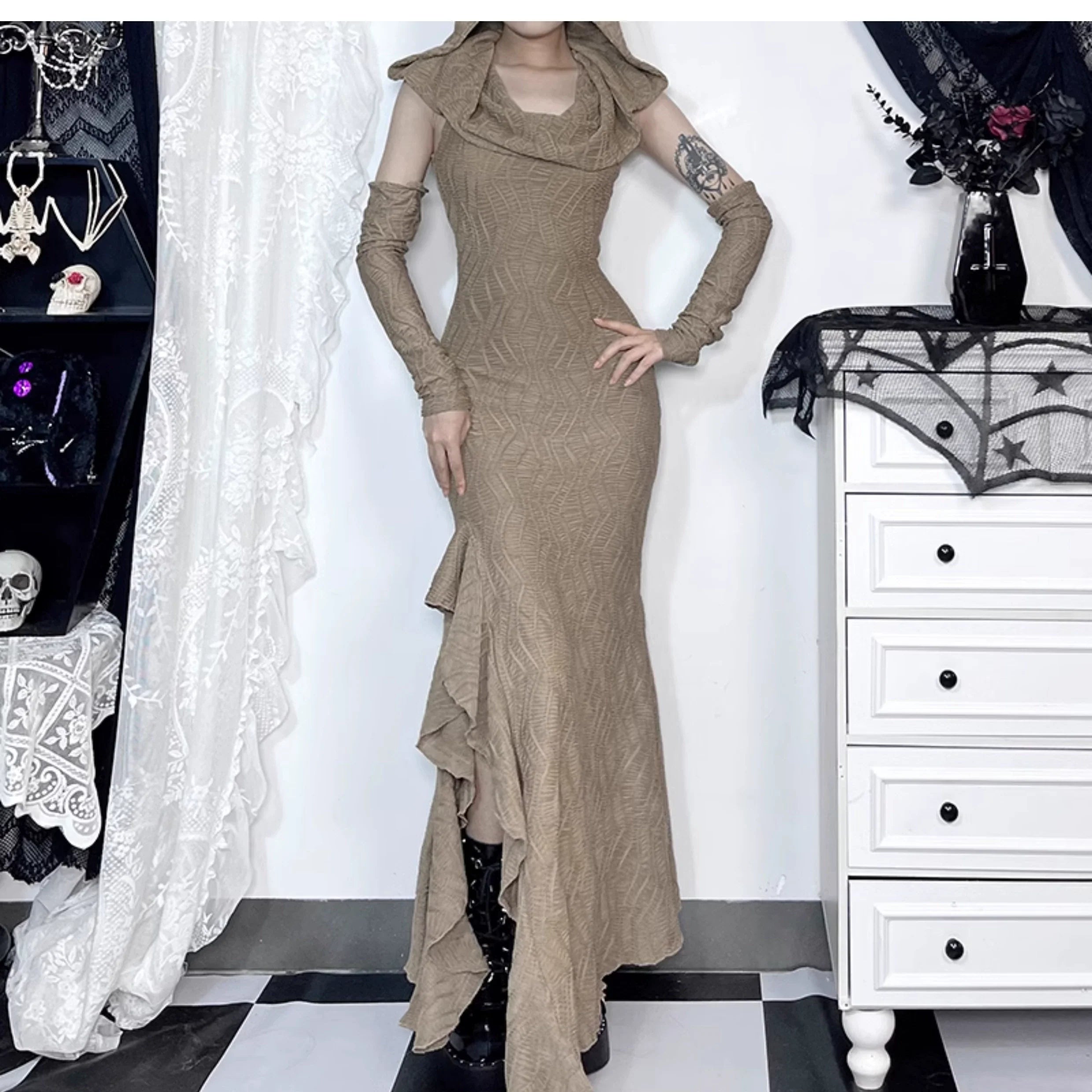 Wannathis Avant-Garde Hooded Maxi Dress - Taupe Cold Shoulder Gown With Ruffle Detail - sneakershuborg