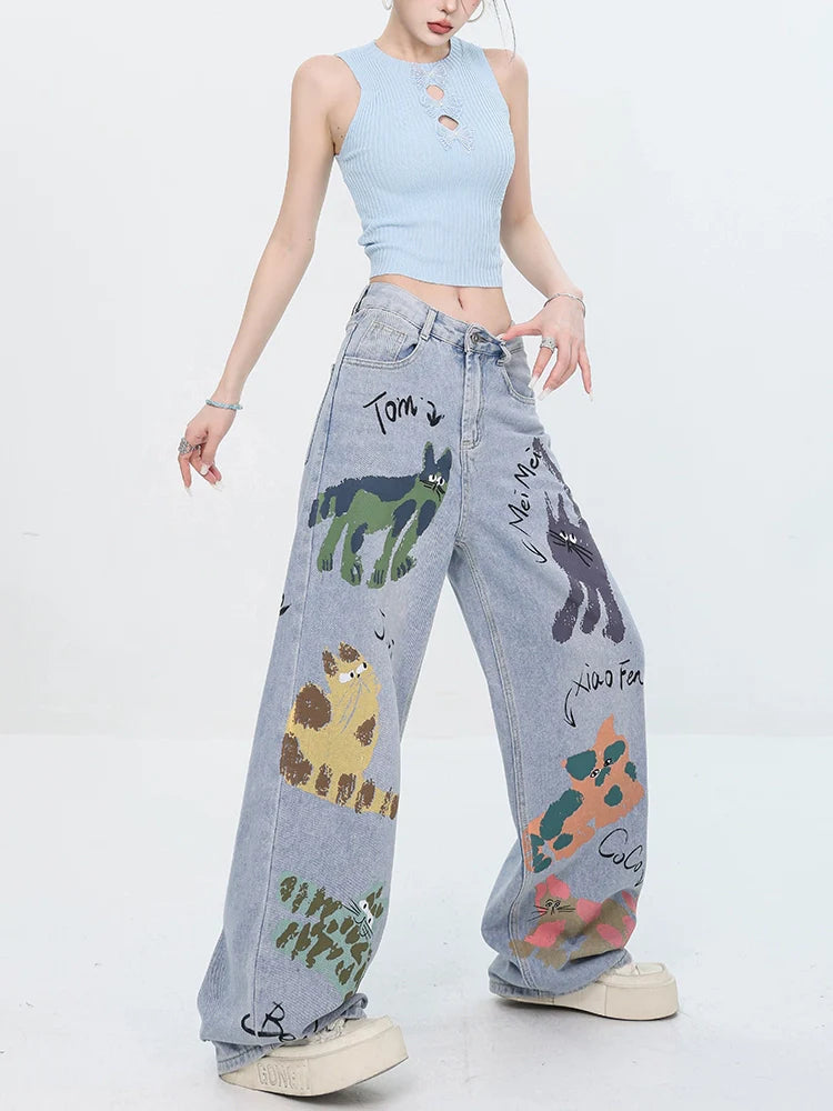 ABWEAR Whimsical Critter Doodle Wide-Leg Jeans sneakershuborg