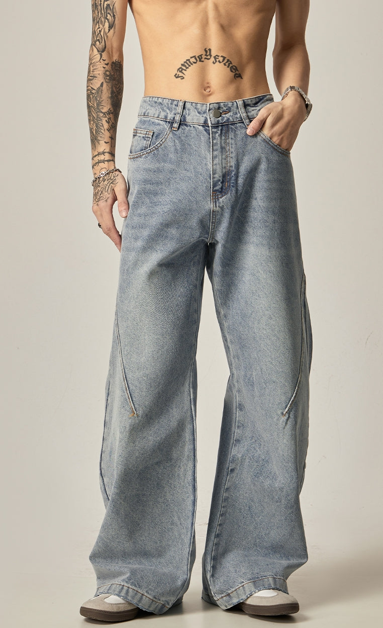 Acid Wash Wide-Leg Curved Seam Denim Jeans sneakershuborg