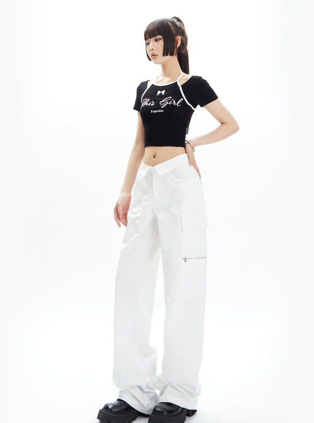 Wide-Leg Cargo Pants with Collar Waistband sneakershuborg