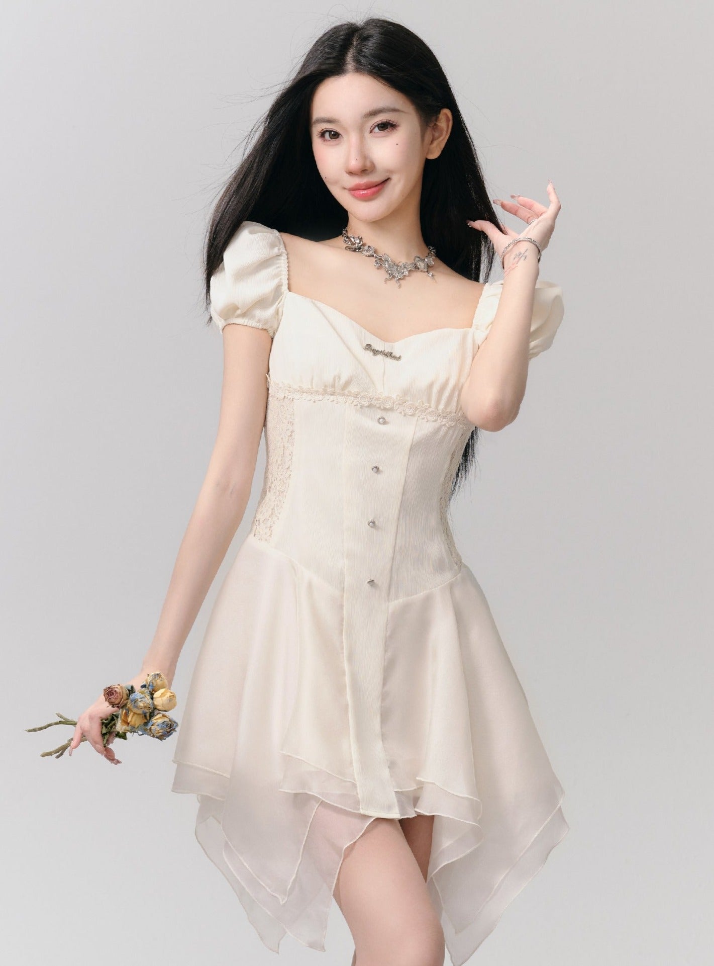 Romantic White Puff Sleeve Mini Dress - Corset-Style Bodice with Handkerchief Hem sneakershuborg