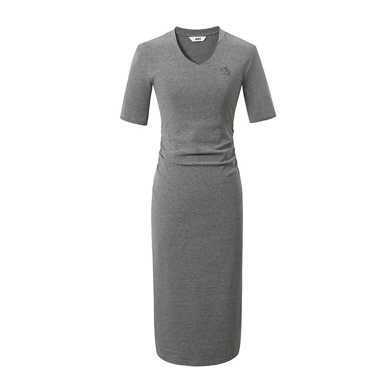 Sleek V-Neck Midi Dress: Figure-Hugging Bodycon with Elbow-Length Sleeves in Heather Gray and Black sneakershuborg