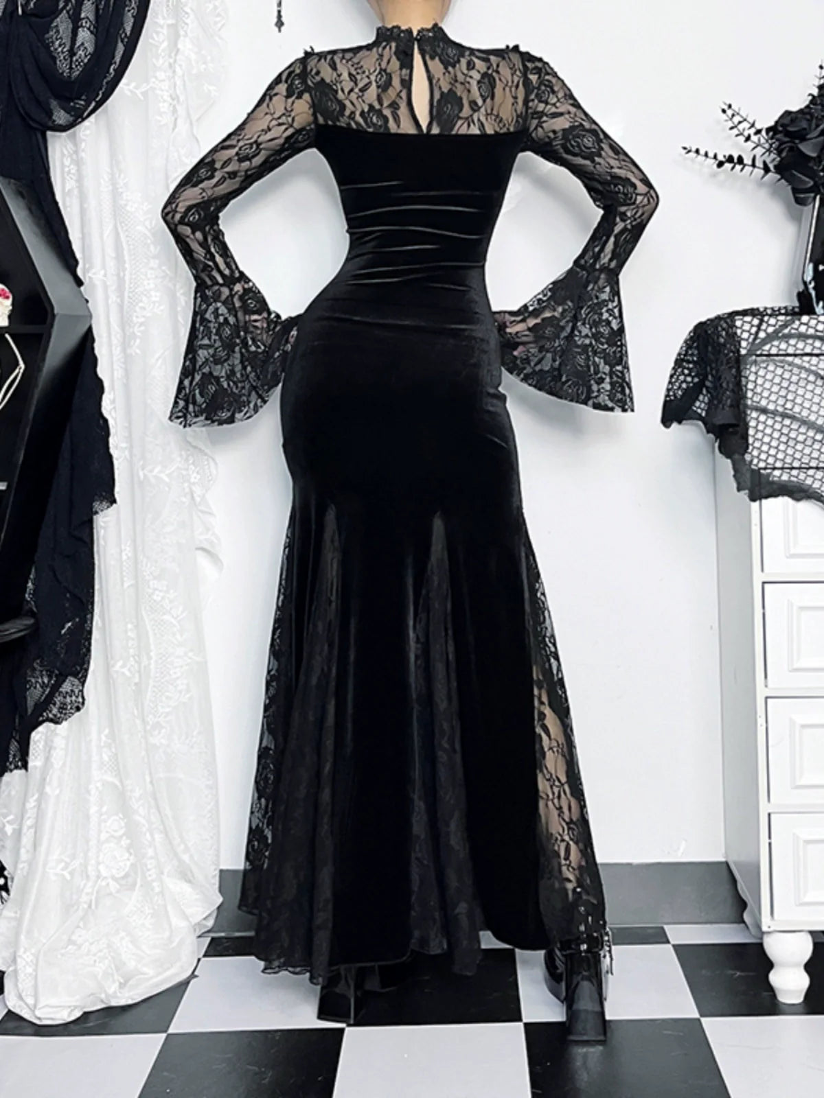 Wannathis Gothic Velvet Mermaid Gown - Long Sleeve Lace Floor-Length Dress With High Collar - sneakershuborg