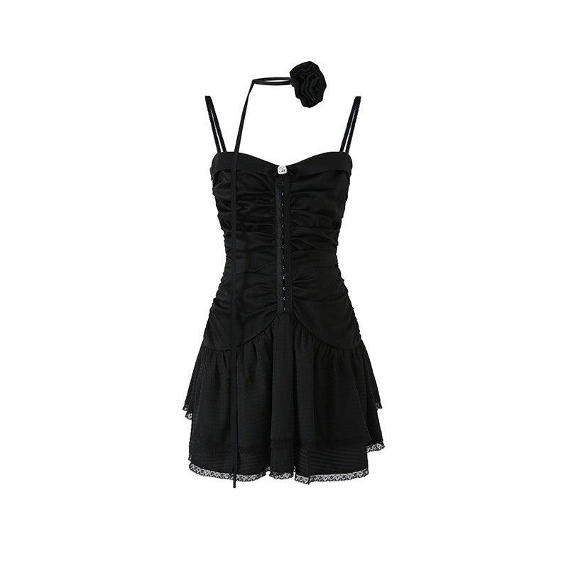 Black Pleated Waist Suspender Dress - sneakershuborg