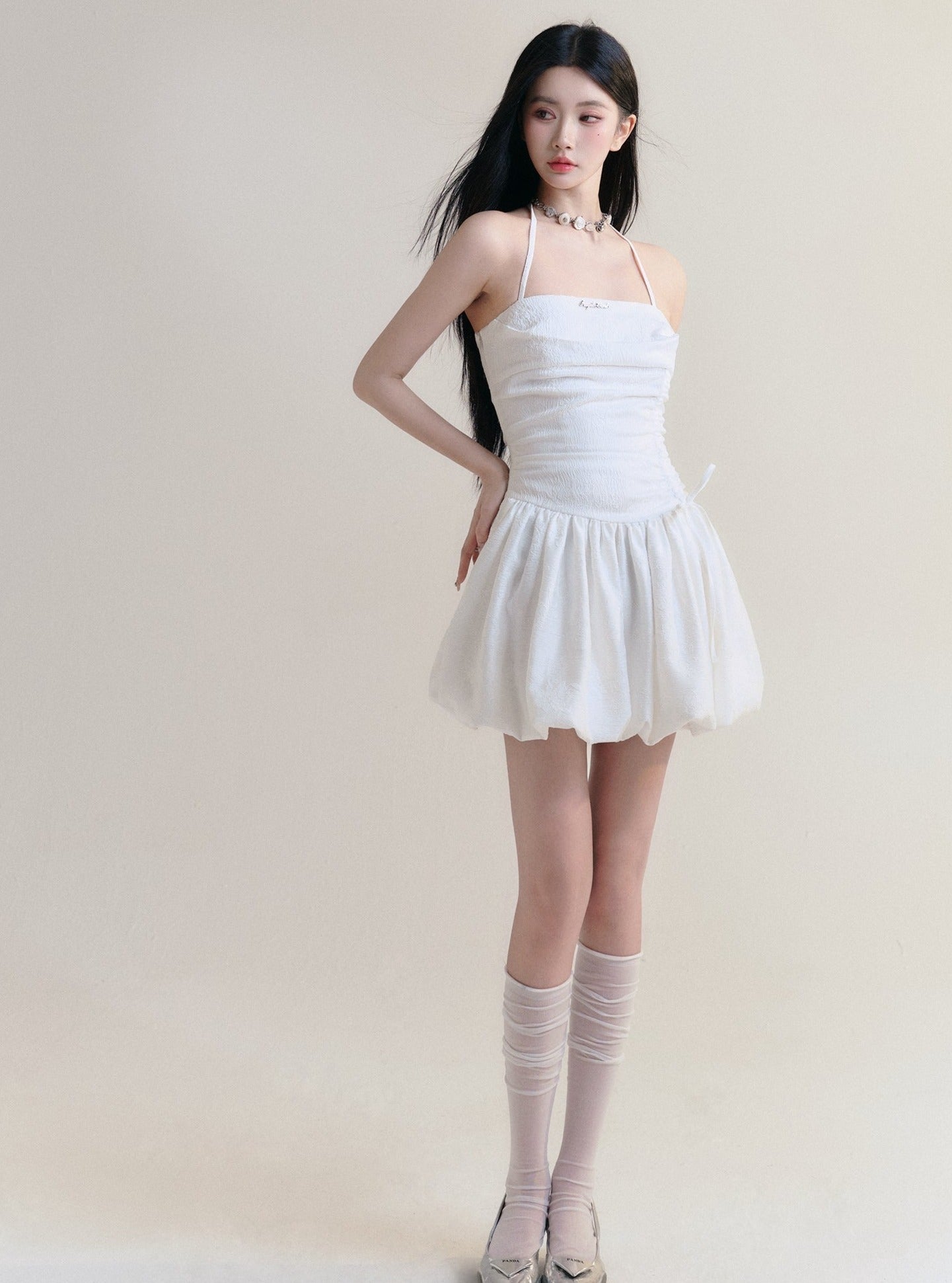 Angelic White Halter Mini Sundress with Ruched Bodice sneakershuborg