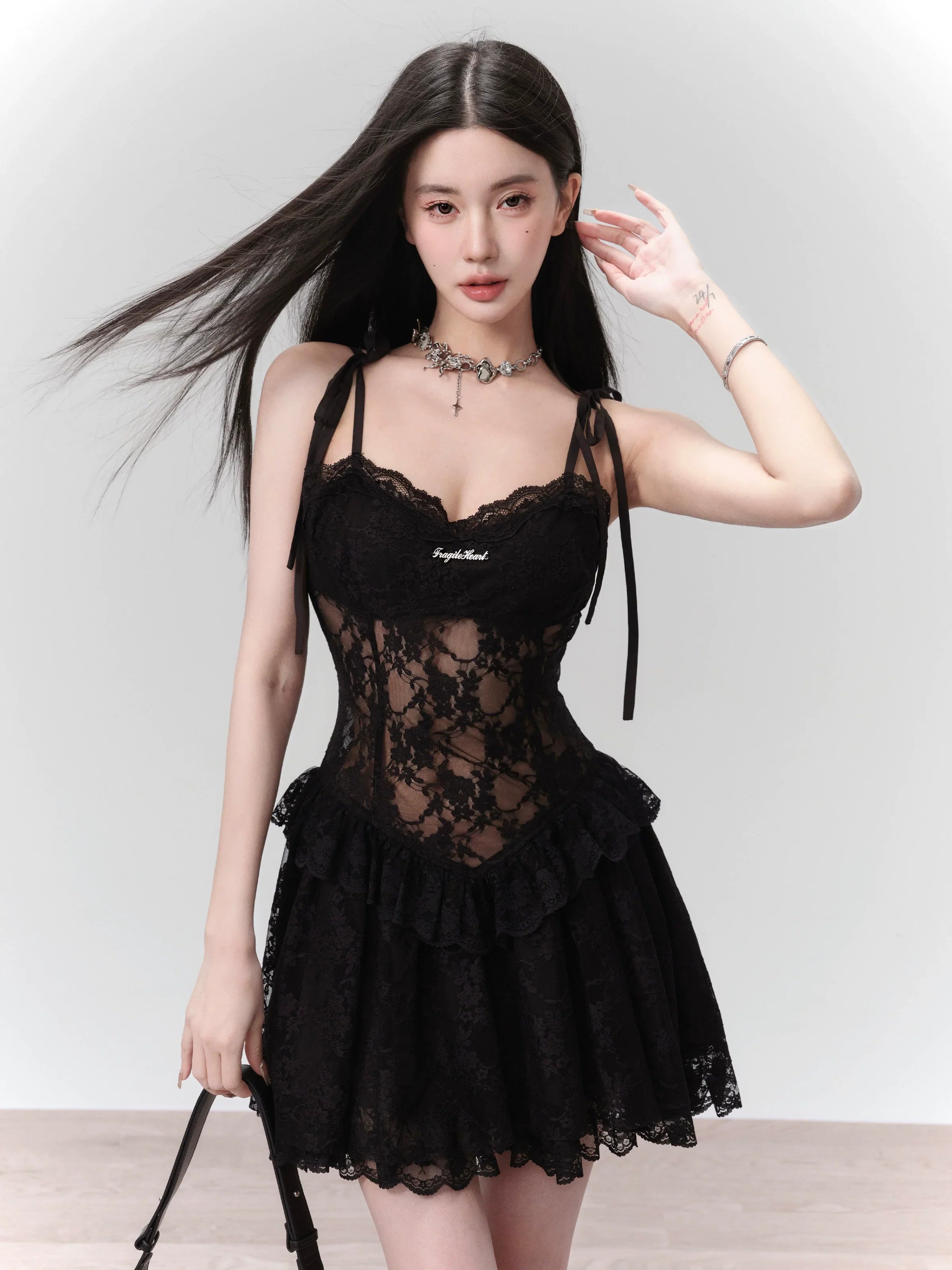 Seductive Black Lace Corset Mini Dress with Tie Straps - sneakershuborg