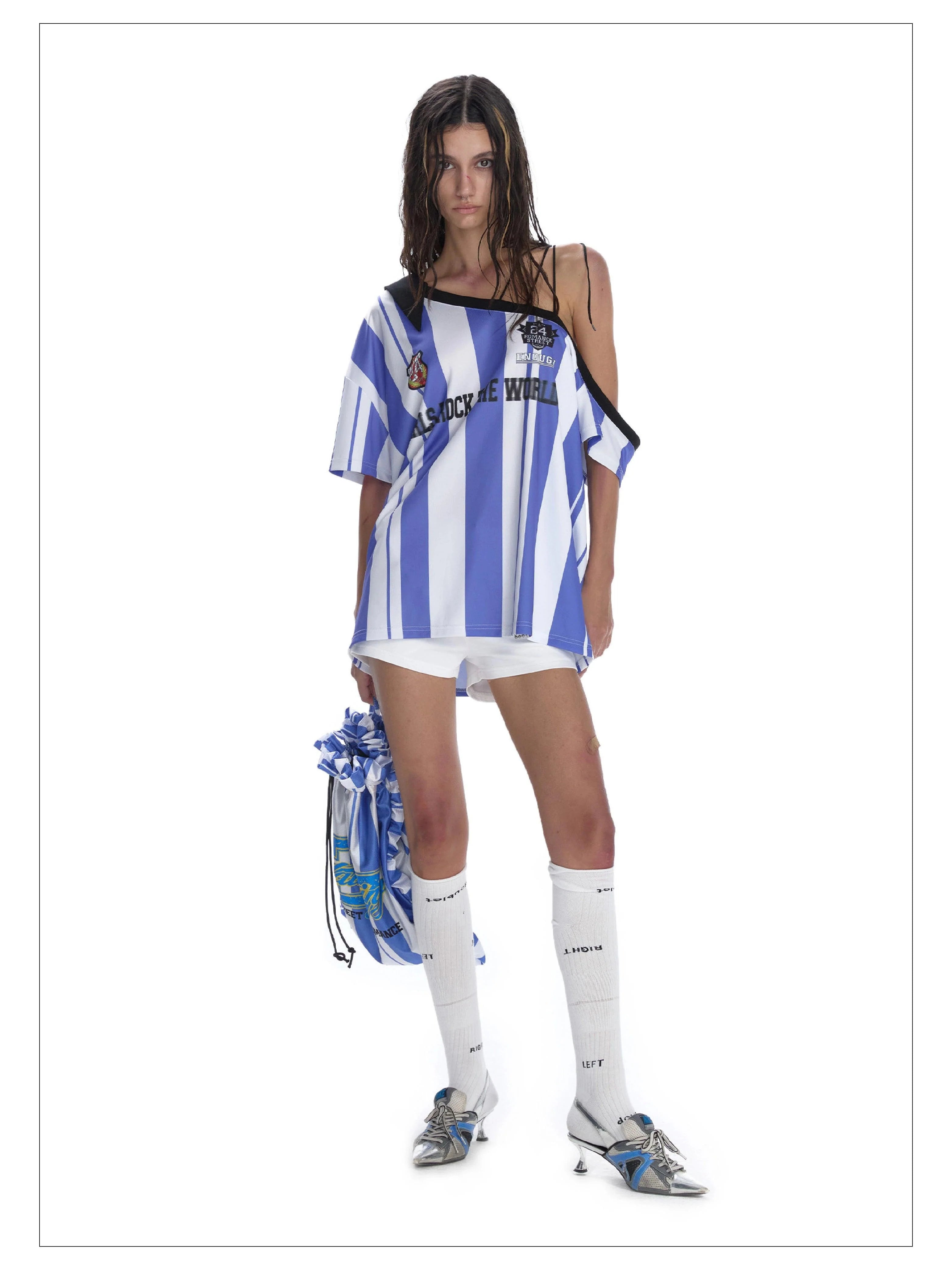 24Ans Striped Off-Shoulder Soccer Jersey - Unisex Asymmetric One-Sleeve Sports Top - sneakershuborg