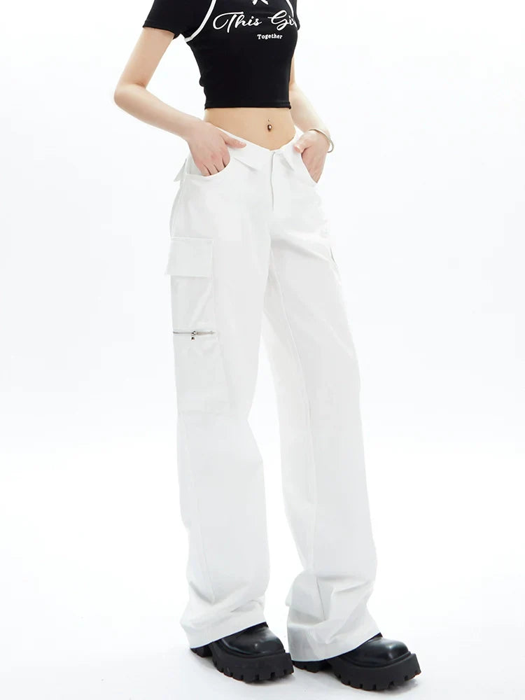 Wide-Leg Cargo Pants with Collar Waistband sneakershuborg