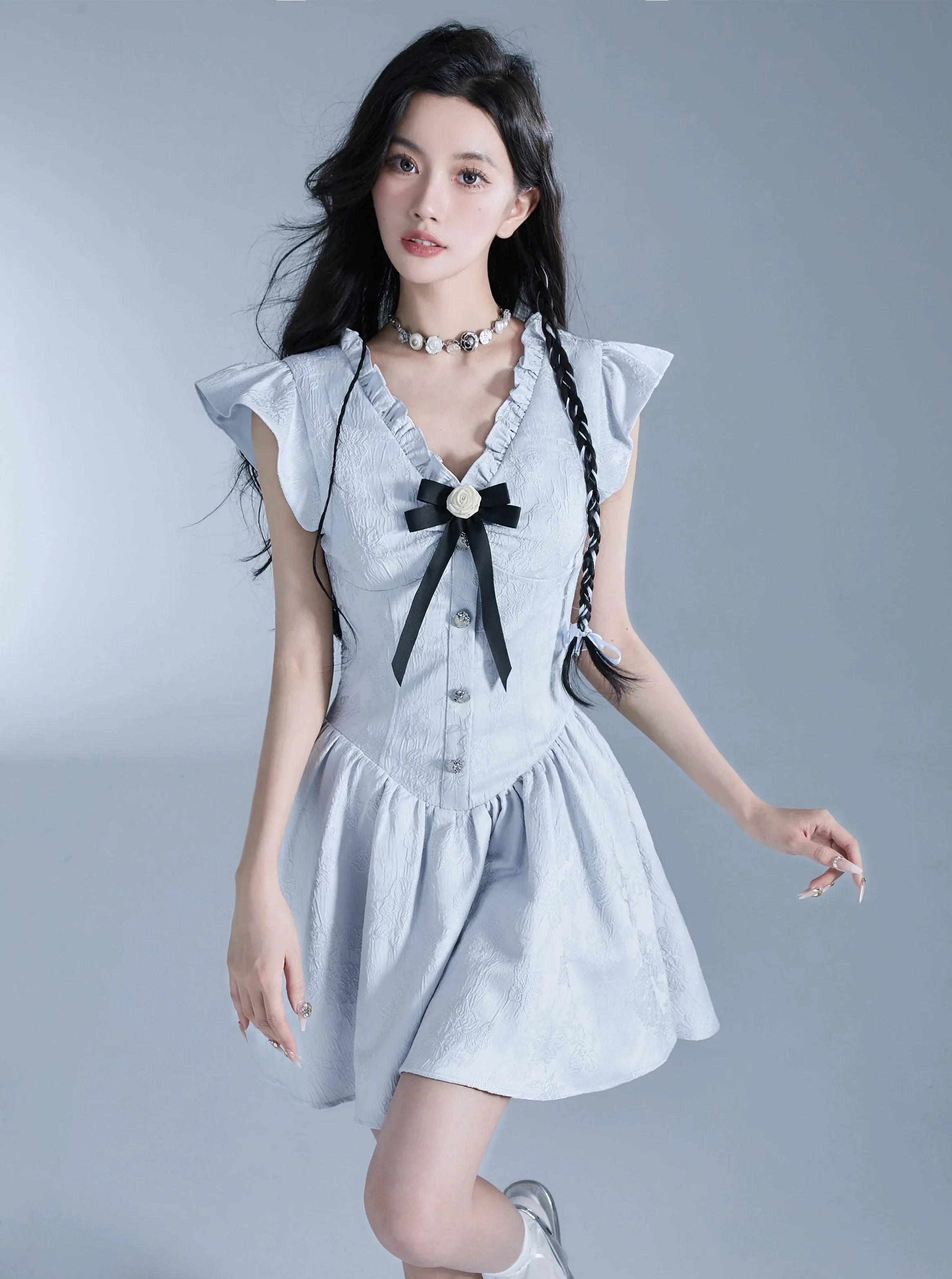 Sweet Lolita Flutter Sleeve Mini Dress with Bow Detail sneakershuborg