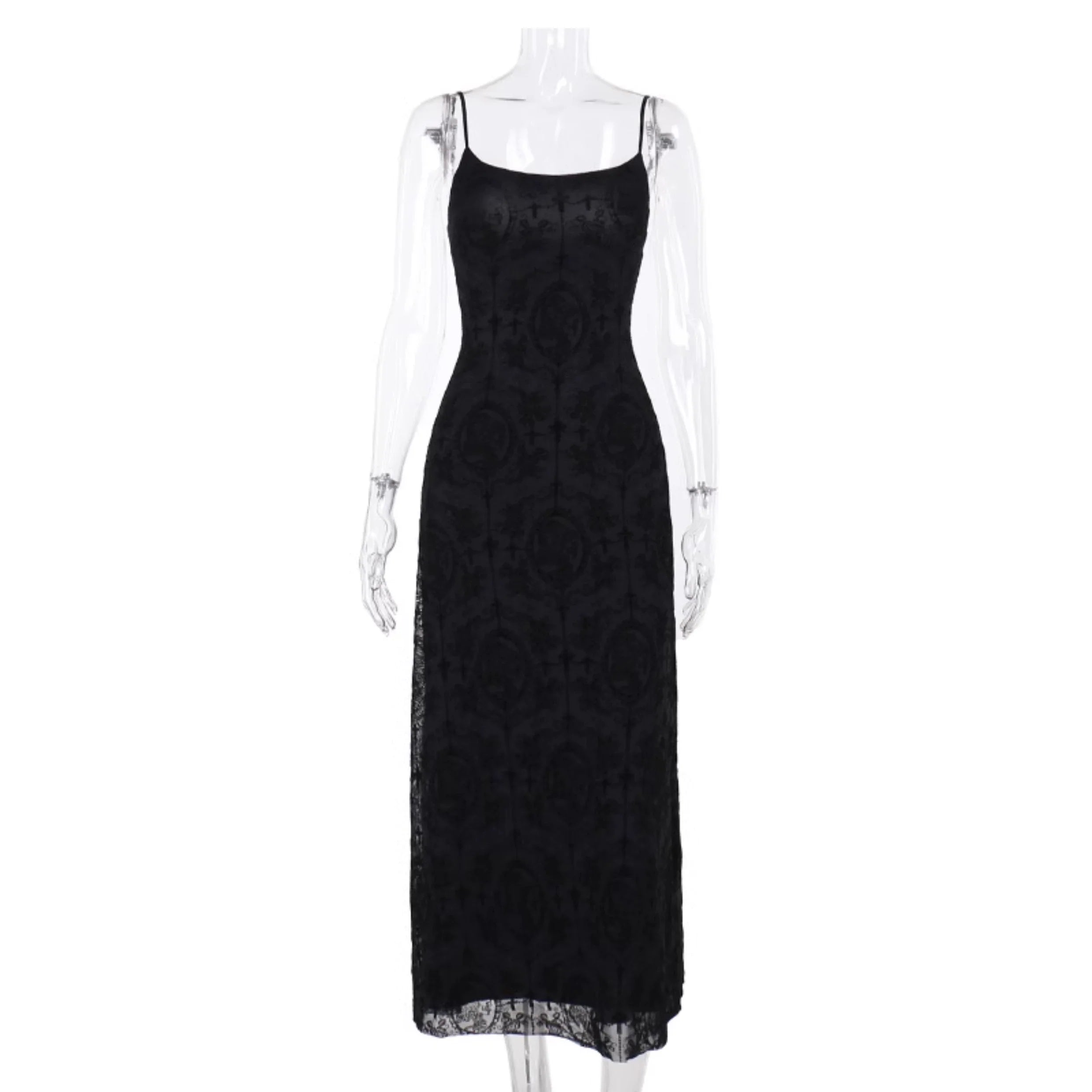 Wannathis Gothic Velvet Maxi Dress - Black Spaghetti Strap Burnout Gown With Lace-Up Arm Warmers - sneakershuborg