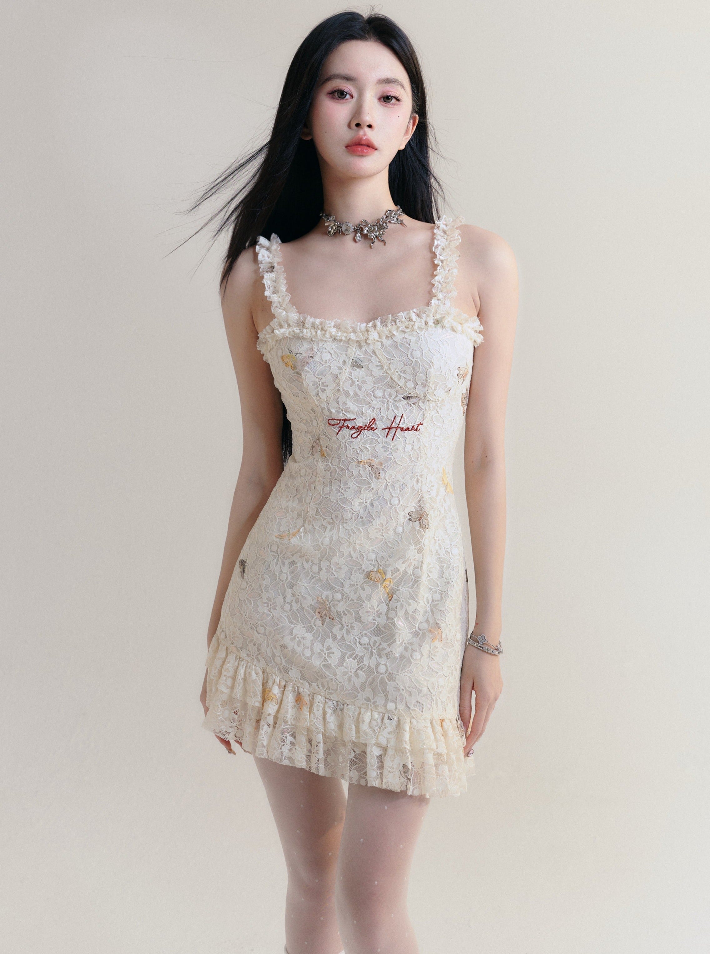 Vintage-Inspired Floral Lace Mini Dress with Ruffle Trim sneakershuborg