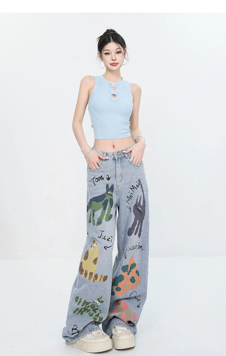 ABWEAR Whimsical Critter Doodle Wide-Leg Jeans sneakershuborg