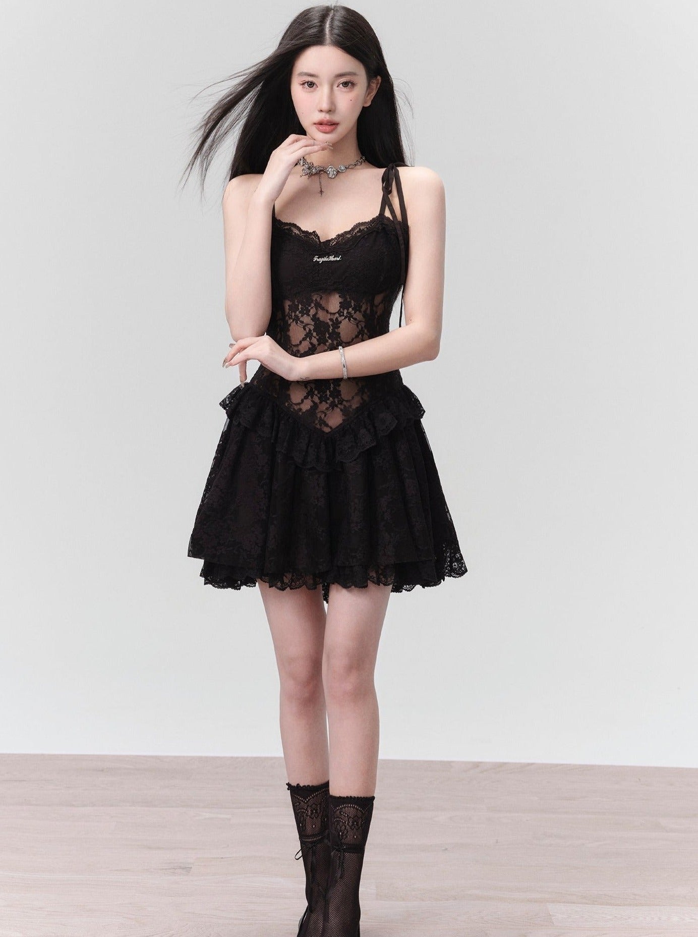 Seductive Black Lace Corset Mini Dress with Tie Straps - sneakershuborg