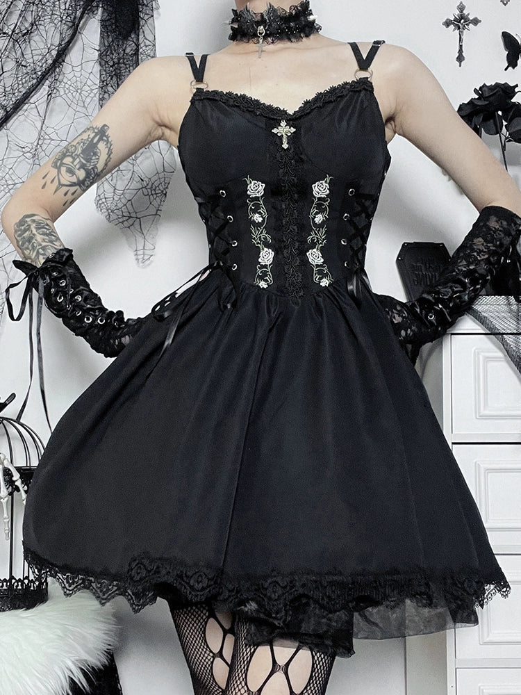 Wannathis Gothic Lolita Dress Set - Black Corset Mini Dress With Lace Bolero And Gloves - sneakershuborg