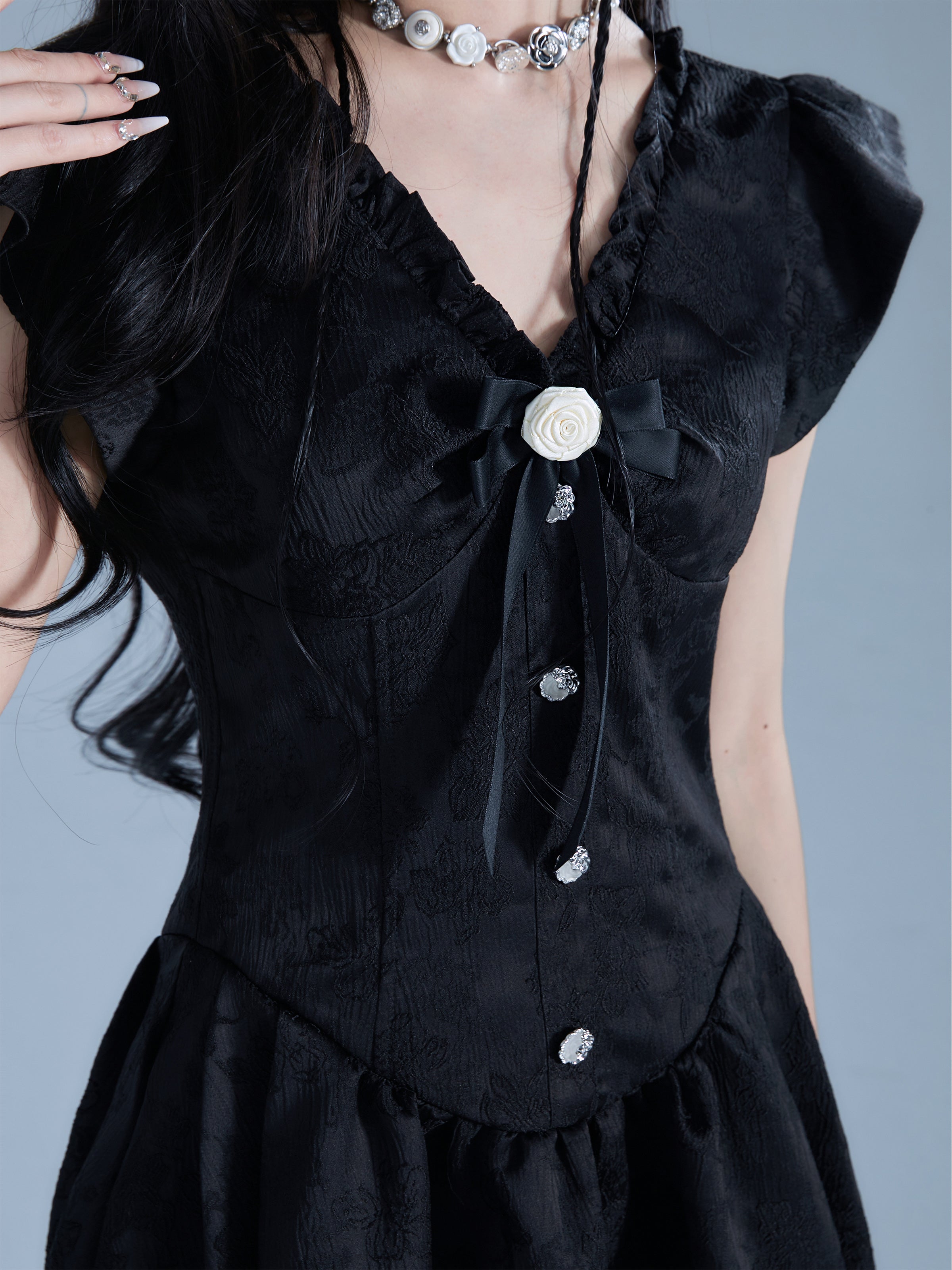 Vintage-Inspired Black Flutter Sleeve Mini Dress with Button Front sneakershuborg