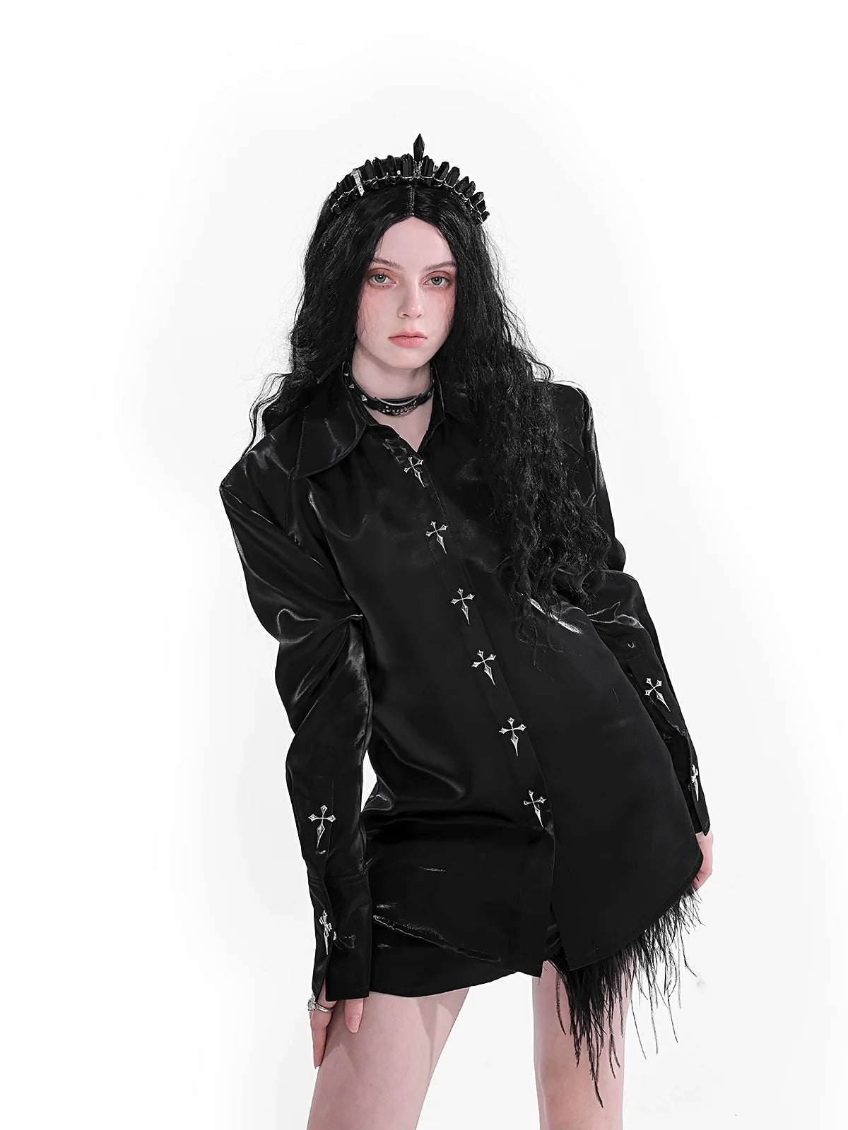 Yubaby Gothic Cross-Embroidered Satin Shirt - Long Sleeve Button-Down With Feather Trim - sneakershuborg