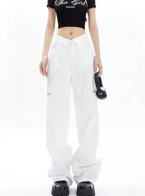 Wide-Leg Cargo Pants with Collar Waistband sneakershuborg