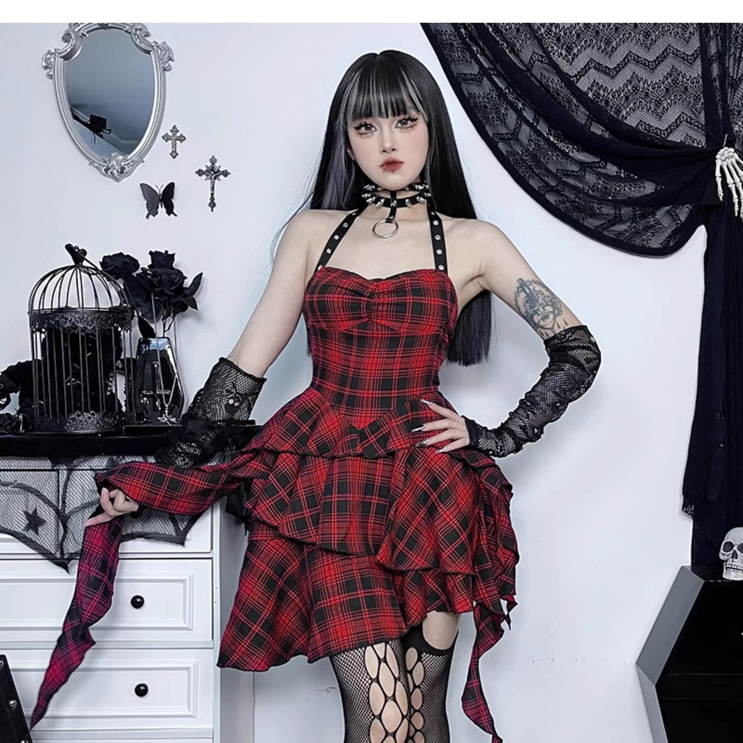 Wannathis Punk Tartan Mini Dress - Red Plaid Ruffle Tiered Goth Dress With Studded Harness - sneakershuborg