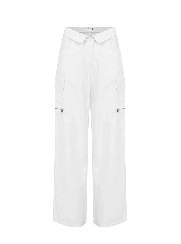 Wide-Leg Cargo Pants with Collar Waistband sneakershuborg