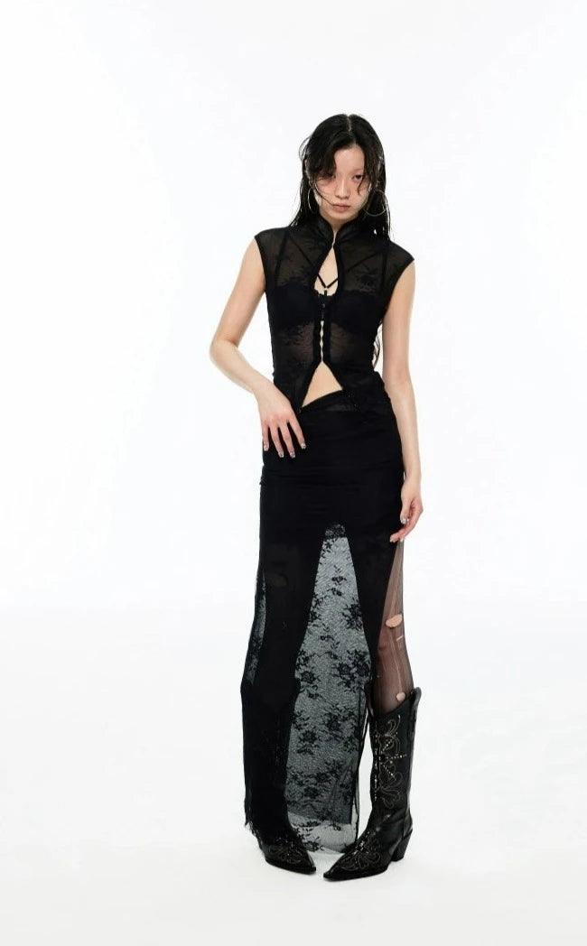 1Jinn Floral Lace Sheer Separates - Women'S Sleeveless Vest And High-Waist Maxi Skirt Set - sneakershuborg