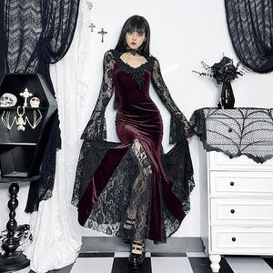 Wannathis Gothic Velvet Mermaid Gown - Long Sleeve Lace Floor-Length Dress With High Collar - sneakershuborg