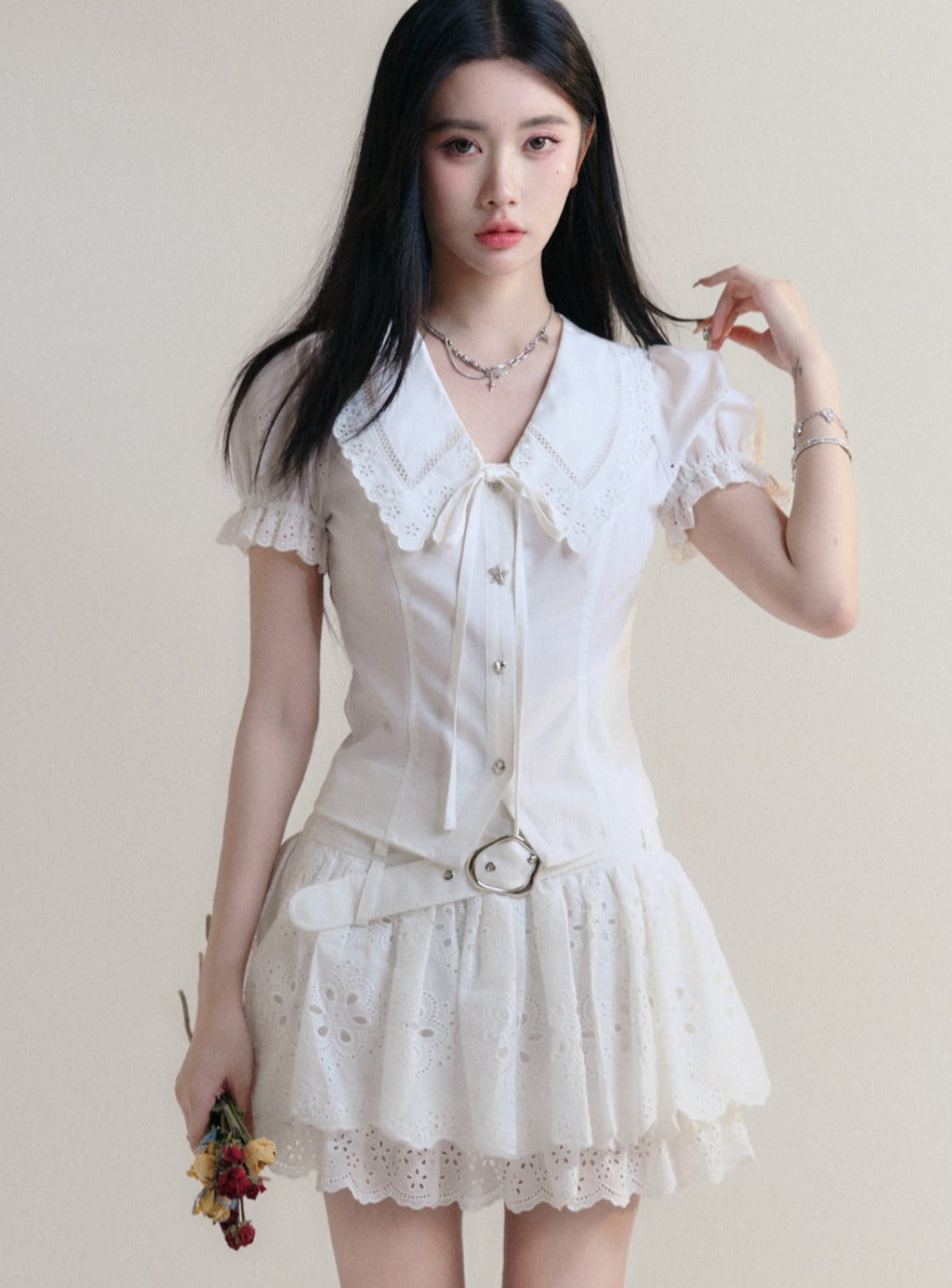 White Lace Collar Blouse and Eyelet Skirt Set sneakershuborg