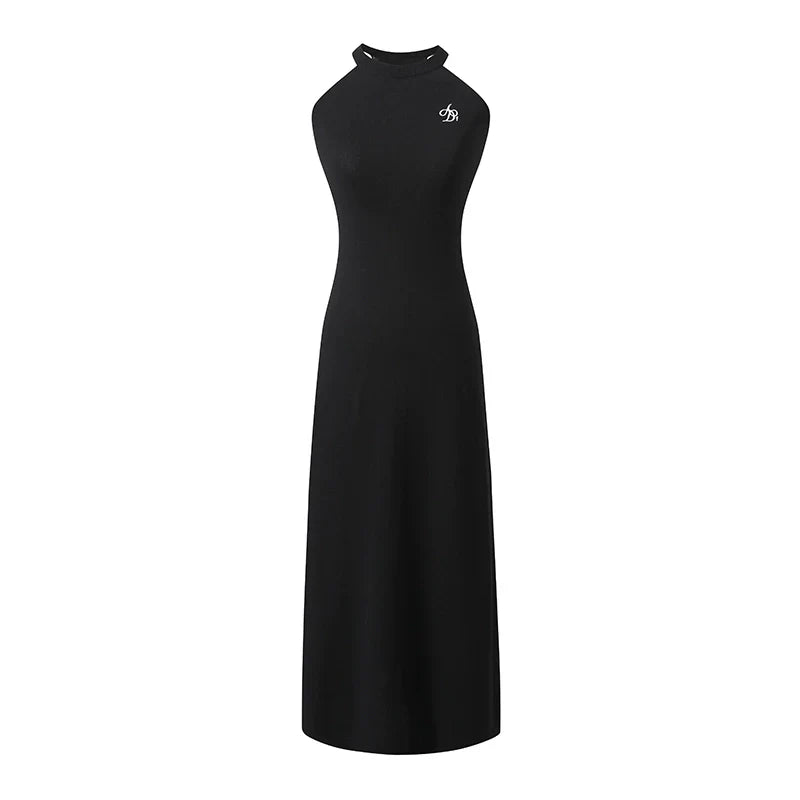 Sleek Halter Neck Maxi Dress: Fitted Black Evening Gown with Minimalist Logo Detail sneakershuborg