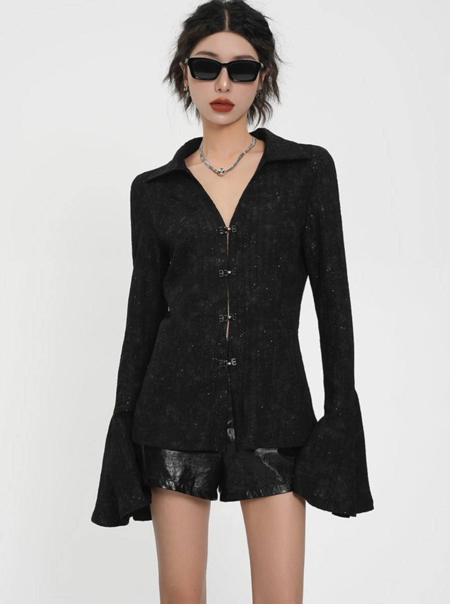 Sultry Black Sequin Mini Dress - Long Bell Sleeve Plunging V-Neck Party Dress sneakershuborg