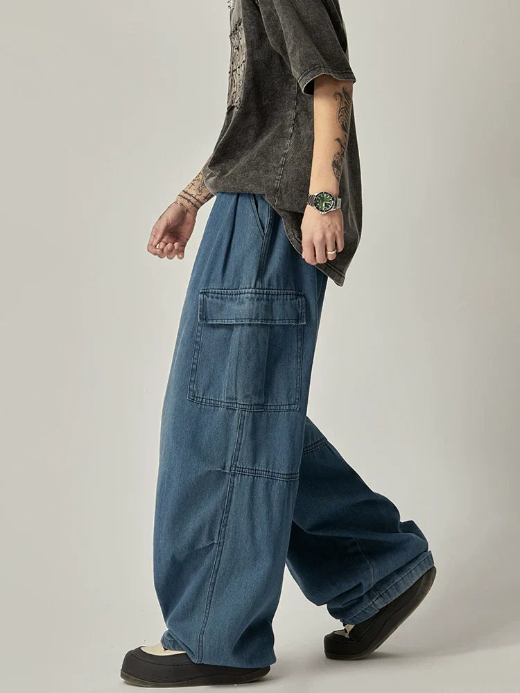 Wide-Leg Washed Black Cargo Jeans with Drawstring Waist sneakershuborg