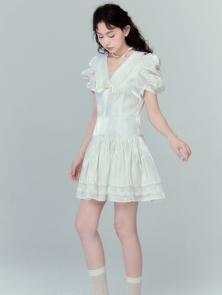 Rose Streamer Puff Sleeve V-Neck Dress - sneakershuborg