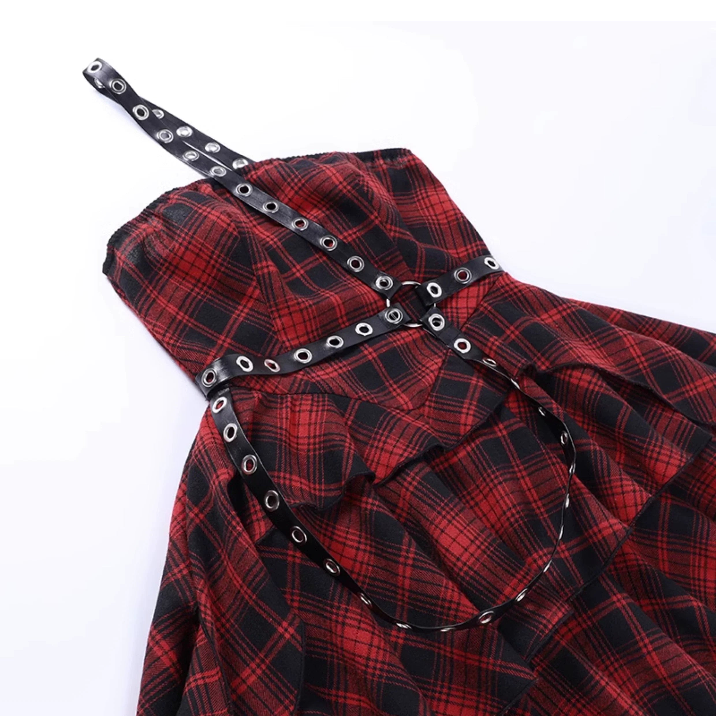 Wannathis Punk Tartan Mini Dress - Red Plaid Ruffle Tiered Goth Dress With Studded Harness - sneakershuborg