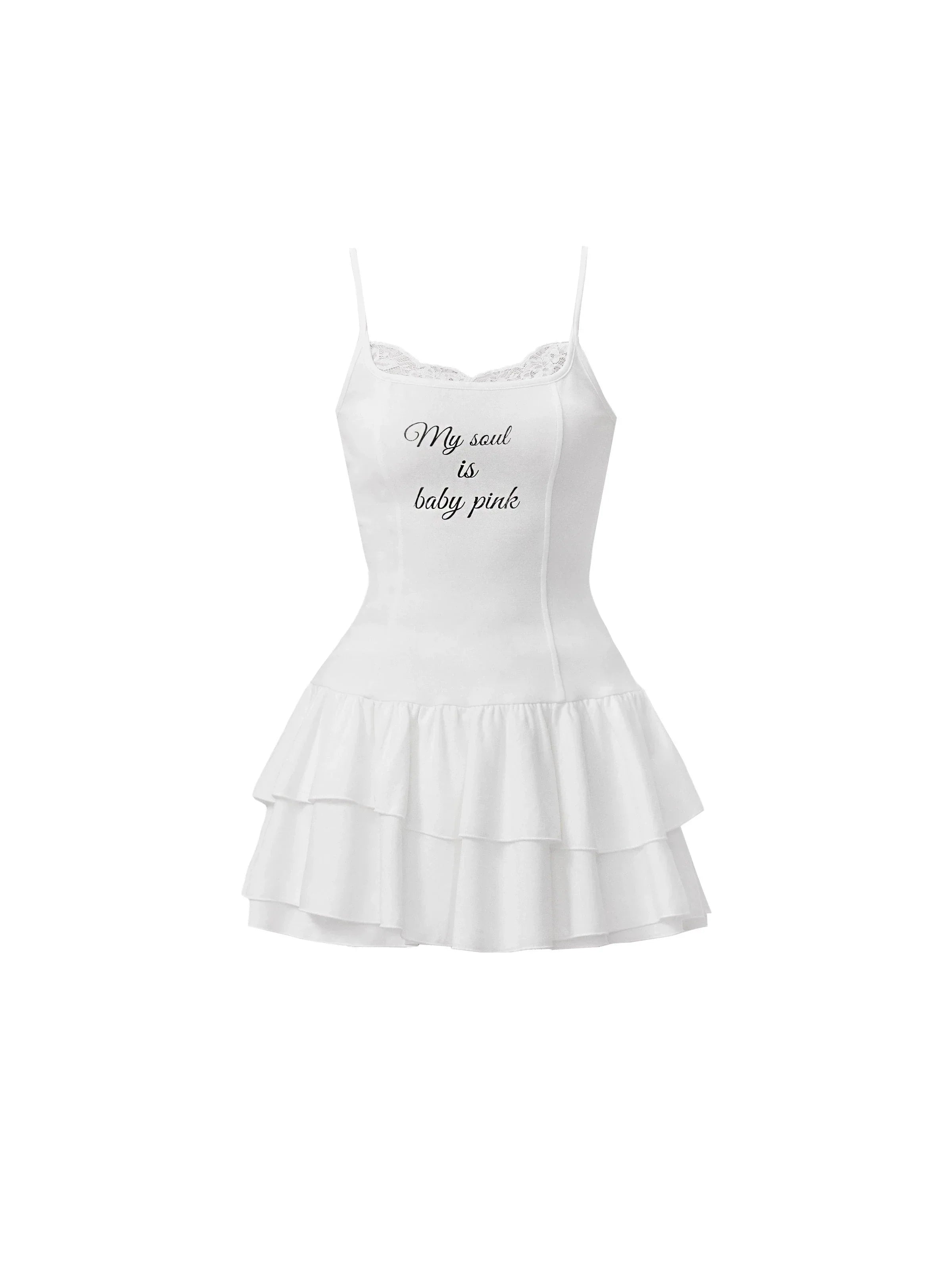 White Ruffled Spaghetti Strap Mini Dress with Slogan Print sneakershuborg