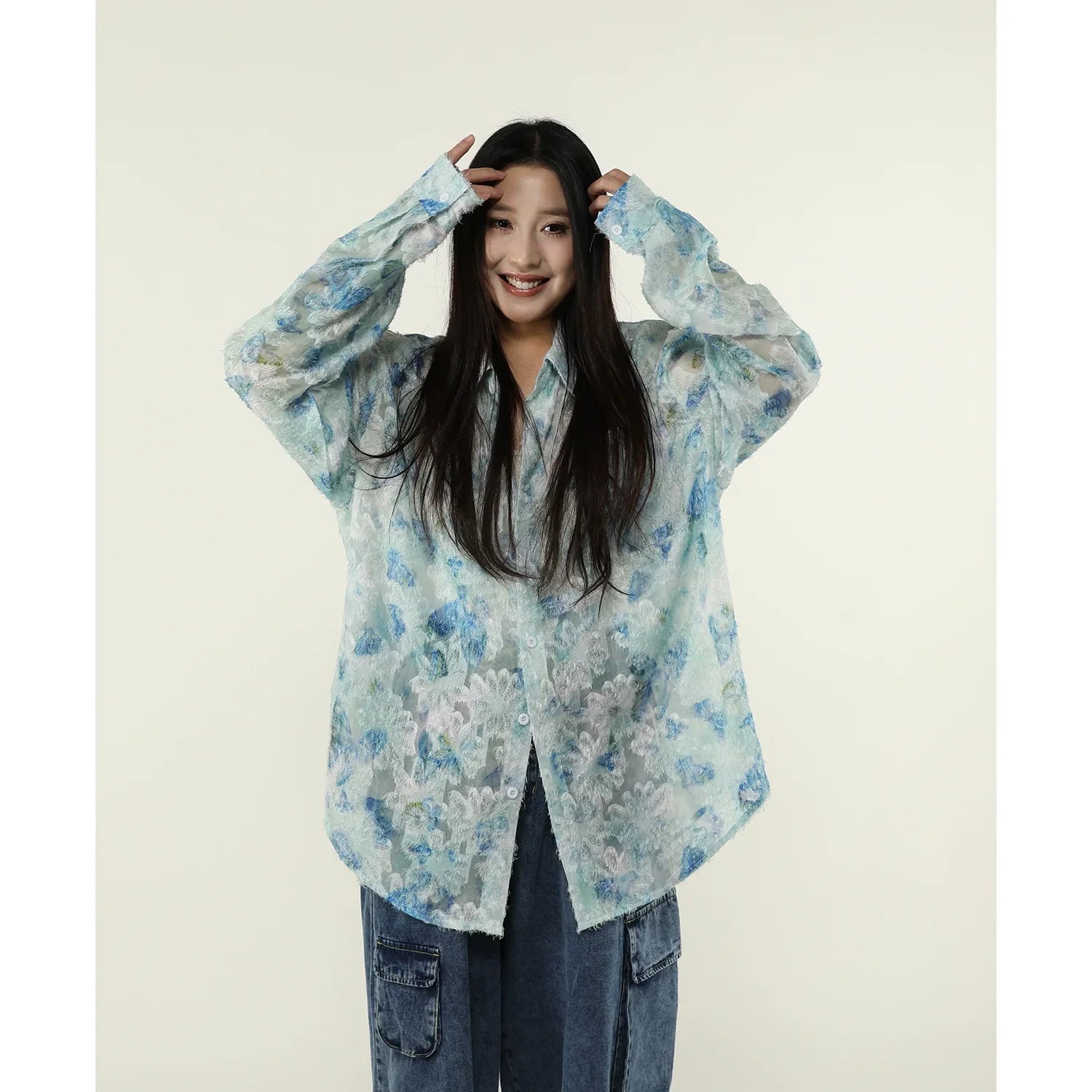 Ethereal Frost Floral Lace Button-Down Shirt sneakershuborg