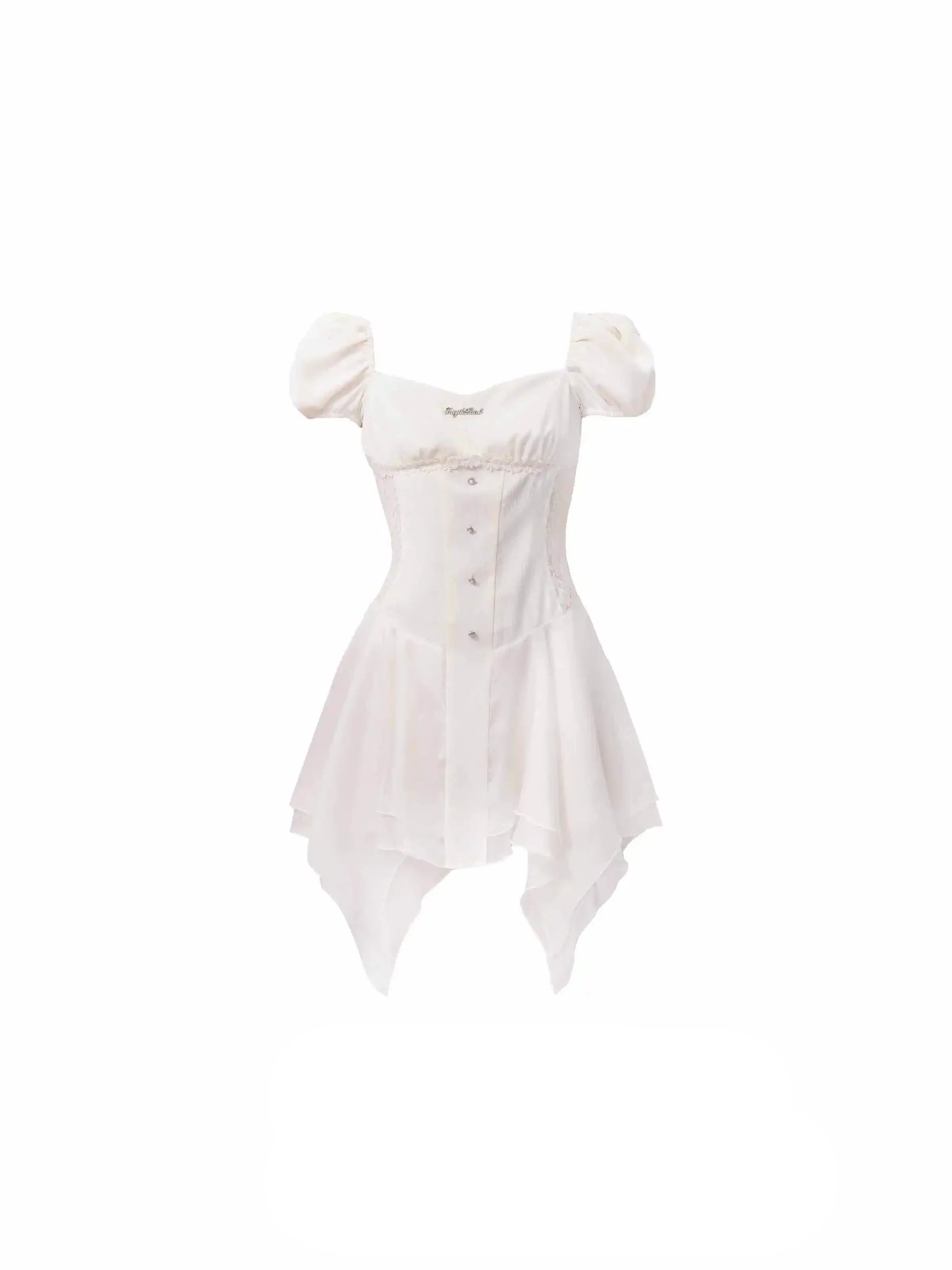 Romantic White Puff Sleeve Mini Dress - Corset-Style Bodice with Handkerchief Hem sneakershuborg