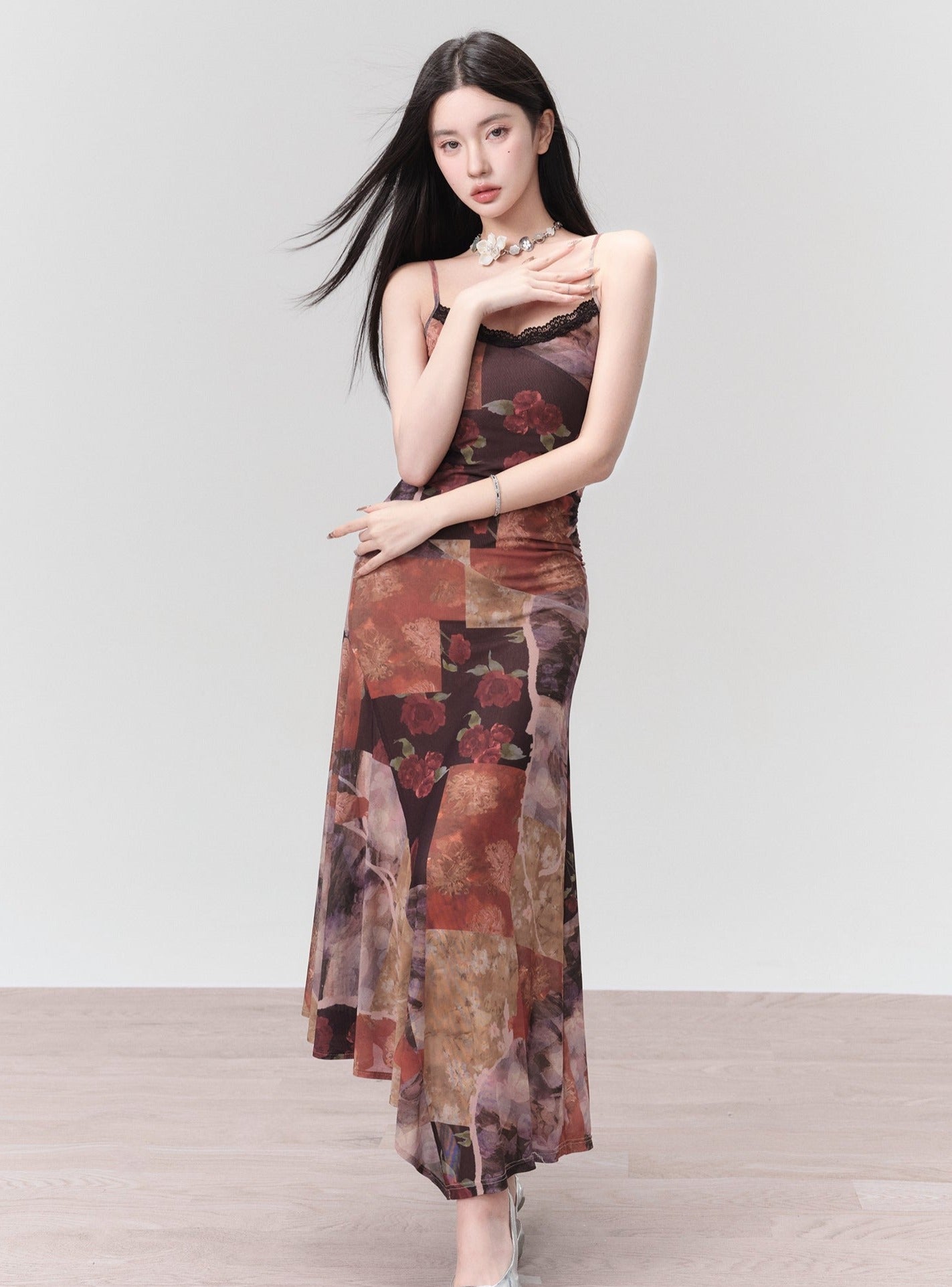 Romantic Patchwork Midi Dress: Lace-Trimmed Asymmetric Hem in Autumn Floral Print - sneakershuborg