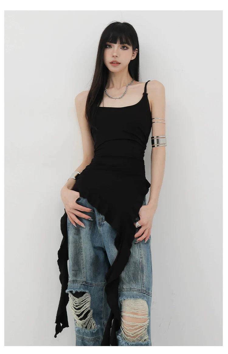 Black Asymmetric Ribbon Strap Tank Top With Ruffle Edge Design - sneakershuborg