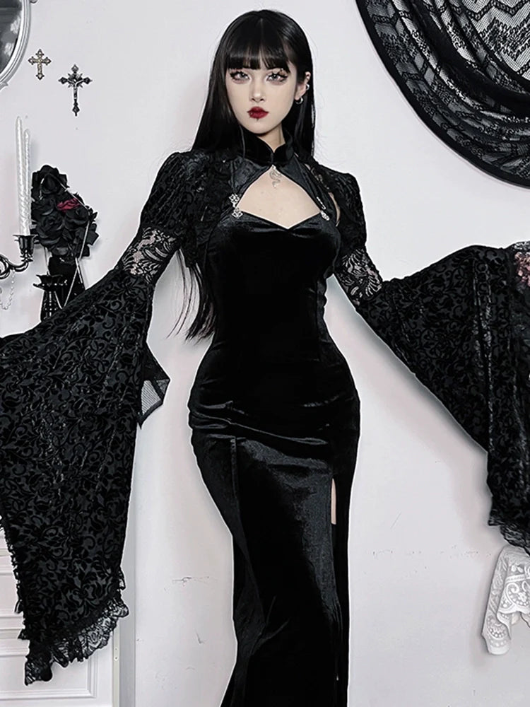 Wannathis Gothic Victorian Velvet Dress Set - Black Lace Bolero Shrug And Long Slit Dress - sneakershuborg