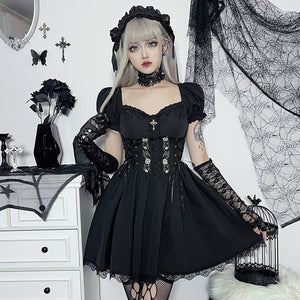 Wannathis Gothic Lolita Dress Set - Black Corset Mini Dress With Lace Bolero And Gloves - sneakershuborg