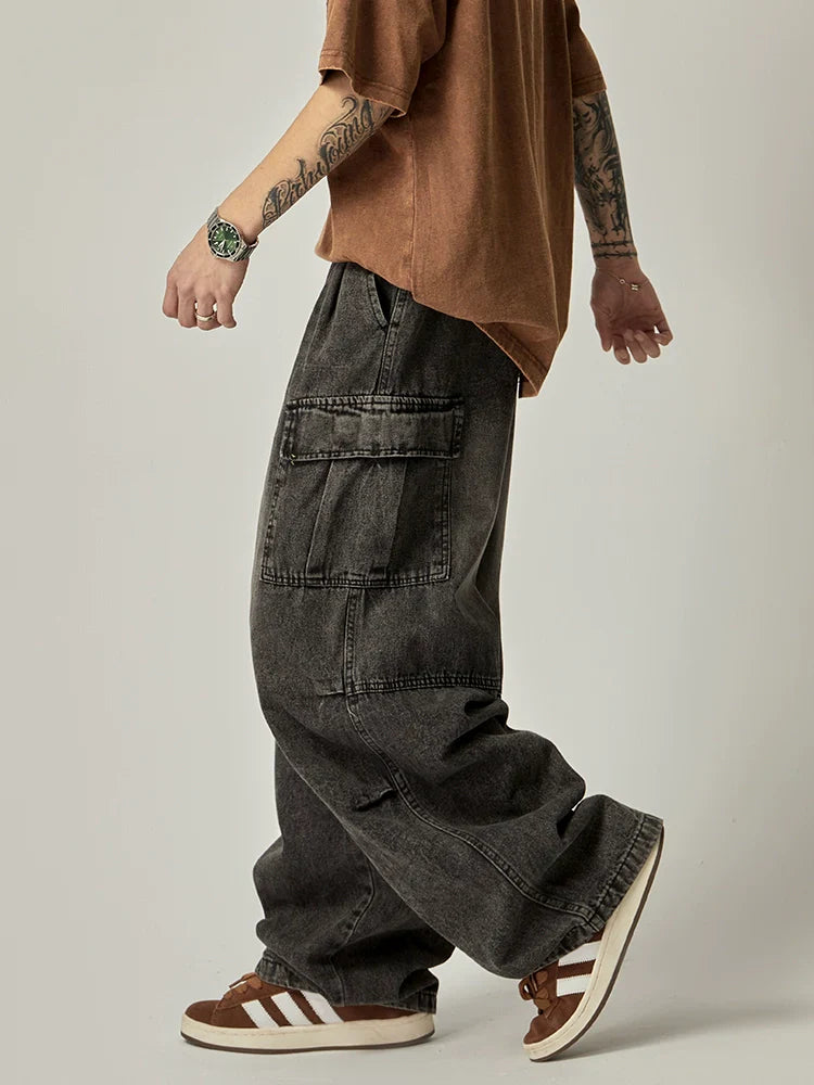 Wide-Leg Washed Black Cargo Jeans with Drawstring Waist sneakershuborg