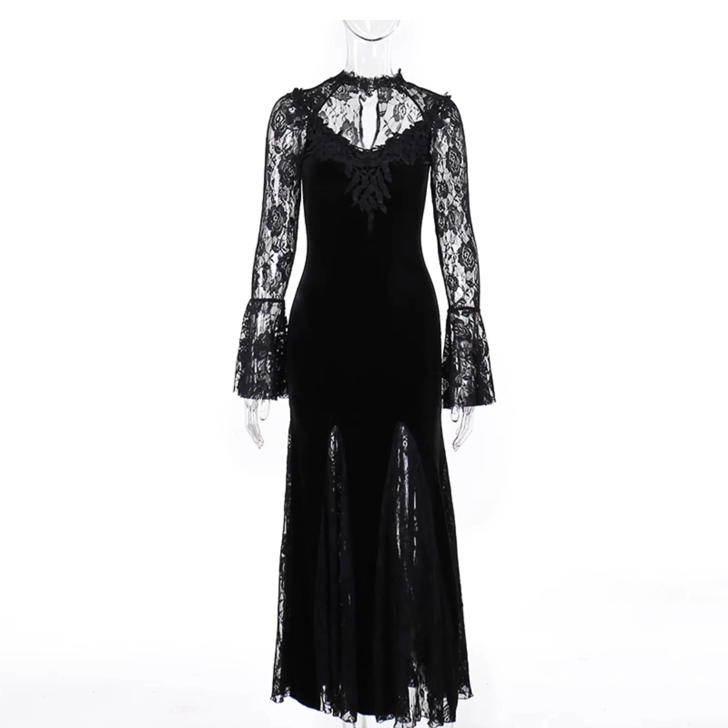 Wannathis Gothic Velvet Mermaid Gown - Long Sleeve Lace Floor-Length Dress With High Collar - sneakershuborg