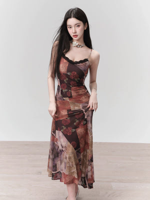 Romantic Patchwork Midi Dress: Lace-Trimmed Asymmetric Hem in Autumn Floral Print - sneakershuborg