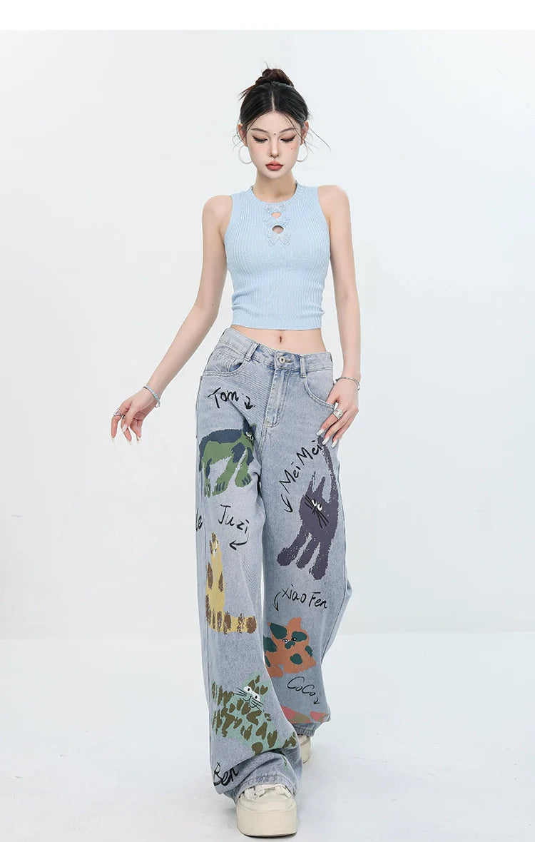 ABWEAR Whimsical Critter Doodle Wide-Leg Jeans sneakershuborg