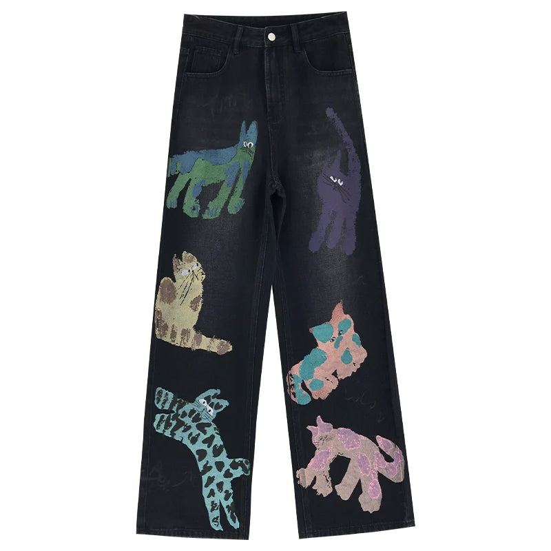 ABWEAR Whimsical Critter Doodle Wide-Leg Jeans sneakershuborg