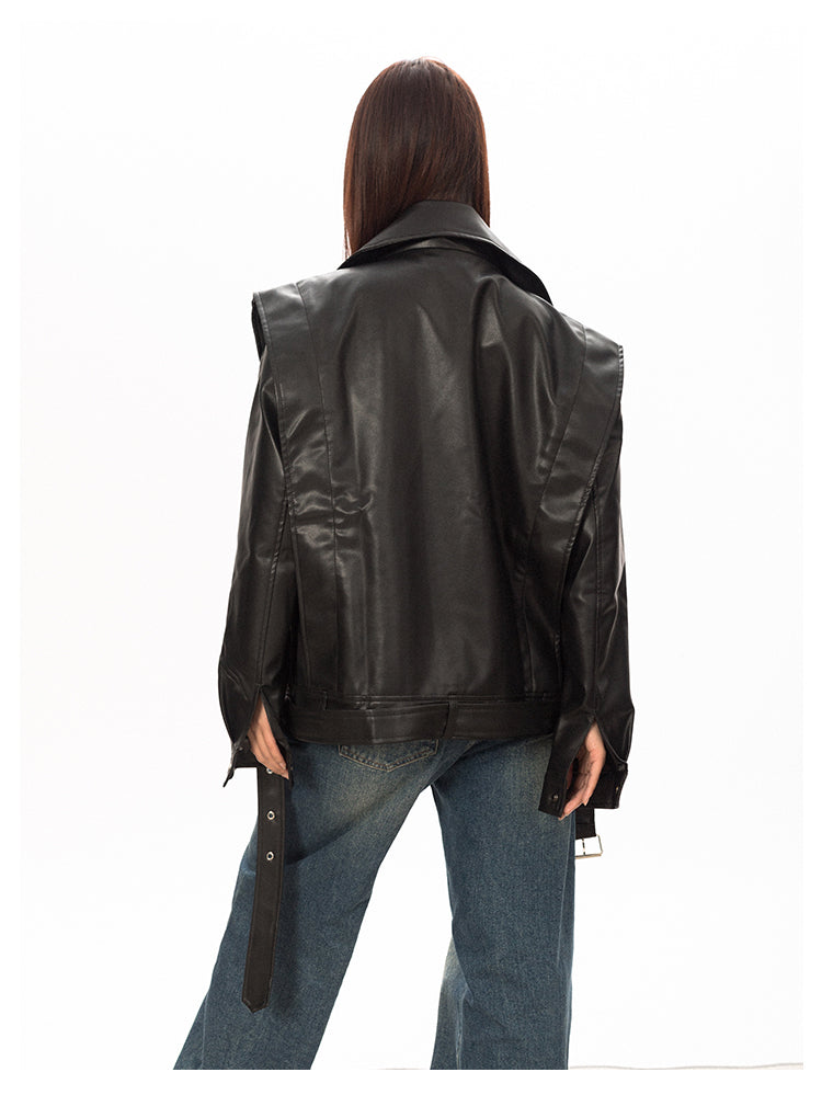 Wide Shoulder Motorcycle Leather Jacket - sneakershuborg