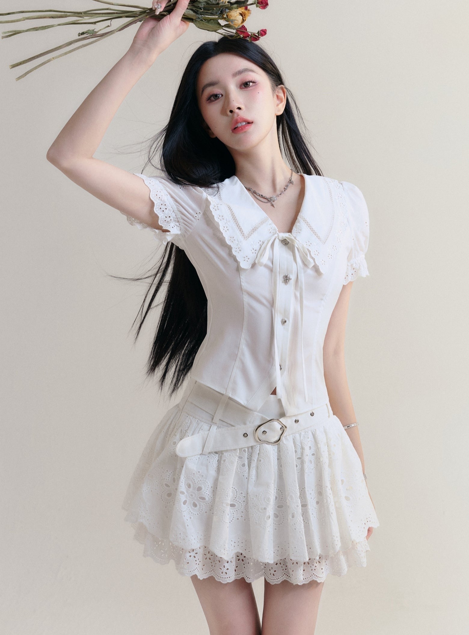 White Lace Collar Blouse and Eyelet Skirt Set sneakershuborg