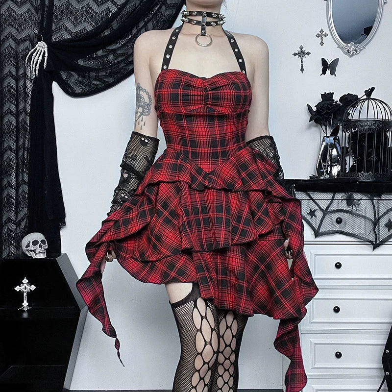 Wannathis Punk Tartan Mini Dress - Red Plaid Ruffle Tiered Goth Dress With Studded Harness - sneakershuborg