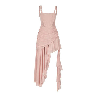 Strike A Pose Asymmetrical Ruched Evening Gown - Women'S Sleeveless Square Neck Dress With Dramatic Cascading Ruffles - sneakershuborg