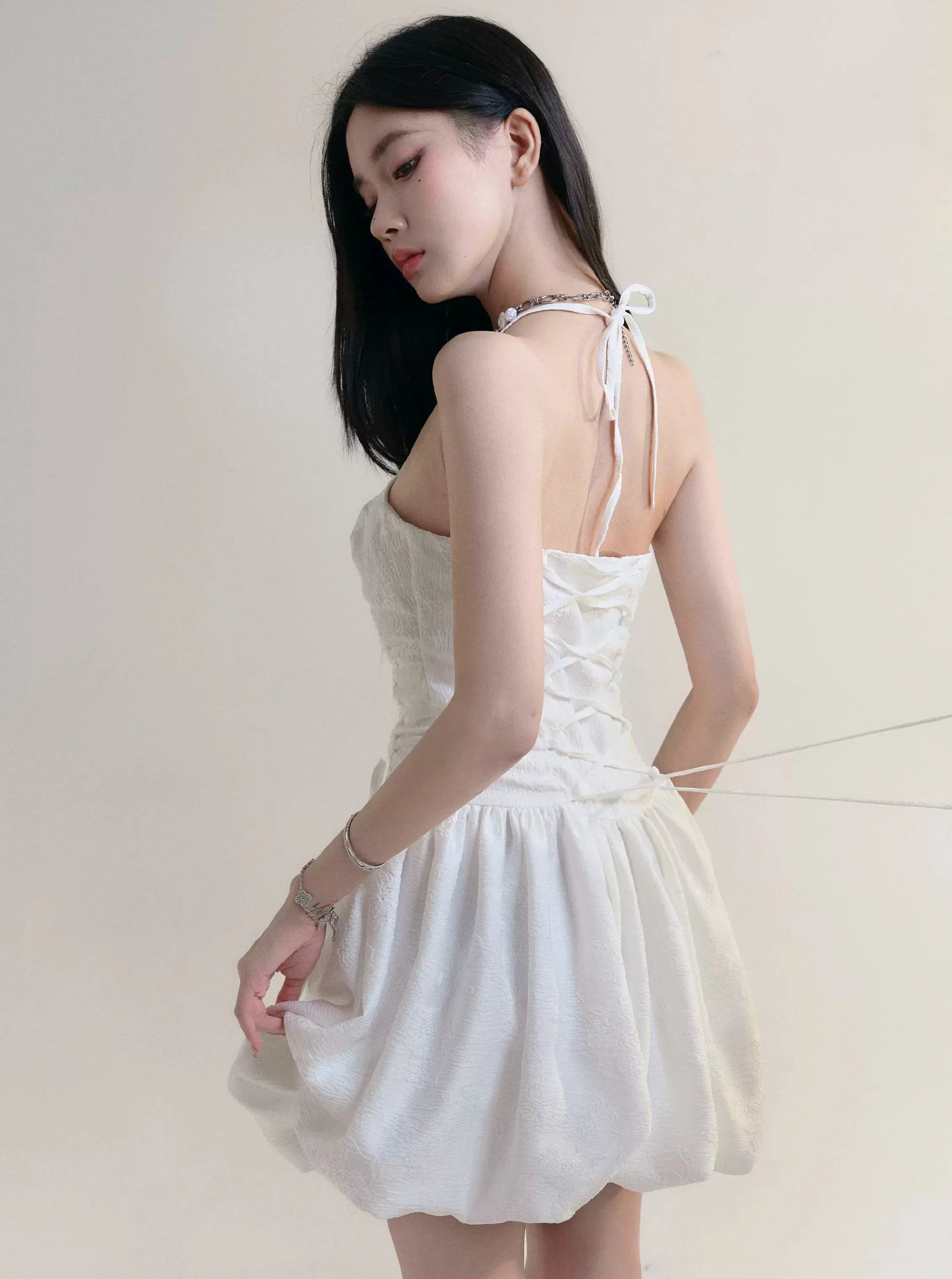 Angelic White Halter Mini Sundress with Ruched Bodice sneakershuborg